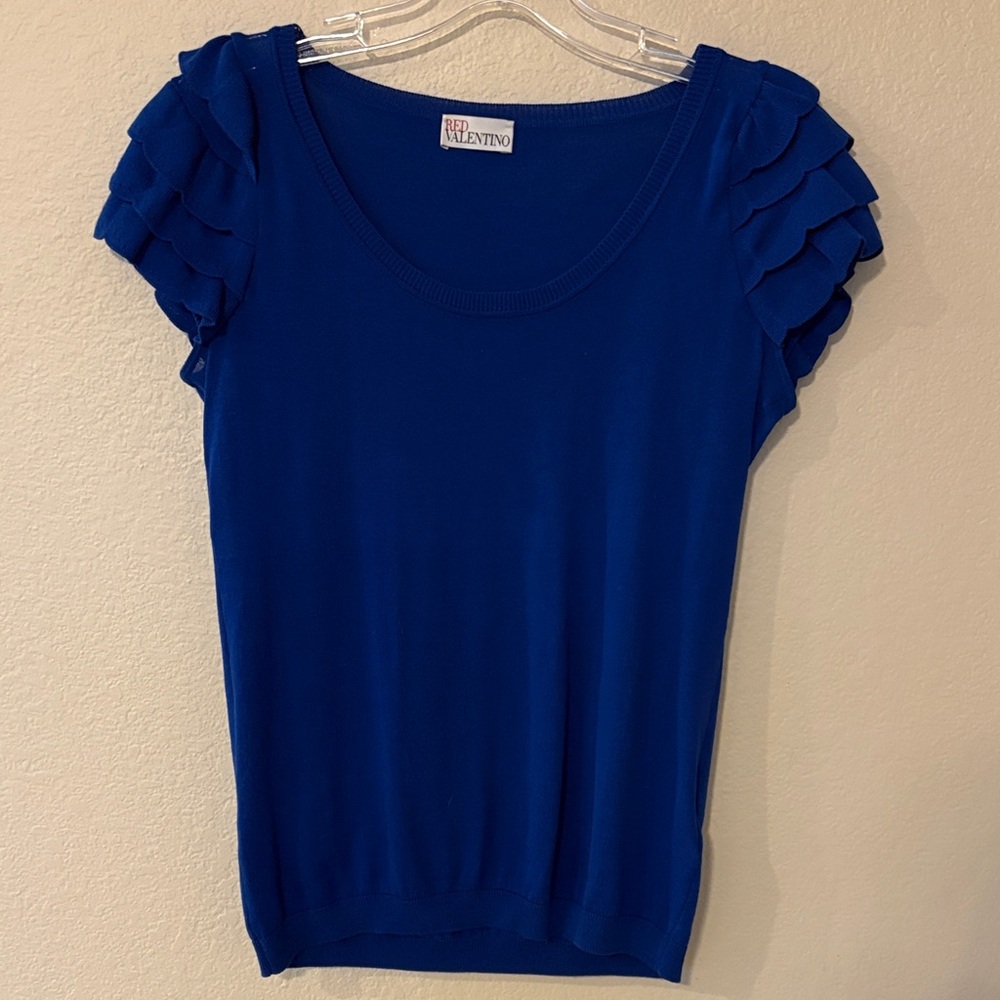 RED Valentino Cobalt Blue Ruffle Sleeve Top